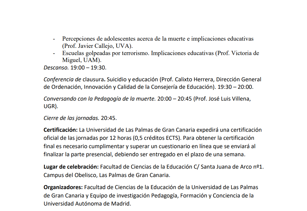 Programa de Jornadas formativas: “Educación para una vida más consciente: pedagogía de la muerte y otros temas radicales»